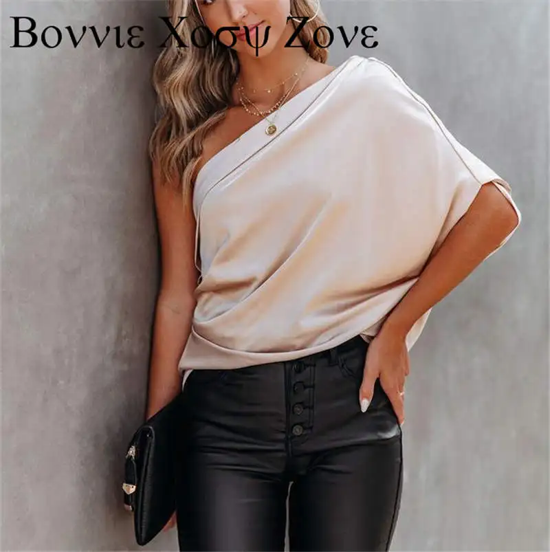 

Women Summer Solid Color One Shoulder Draped Detail Satin Top