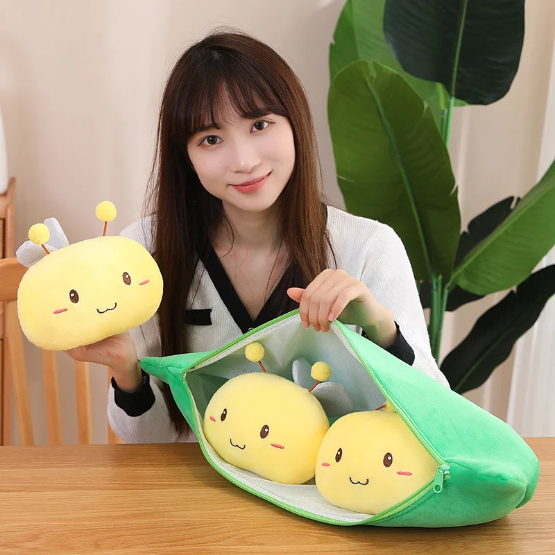 Creative Pea Pods Plush Toys Interesting Pea Pillow Within 3 Bees Dolls Stuffed Soft Animal Cushion Funny Gift for Children Girl