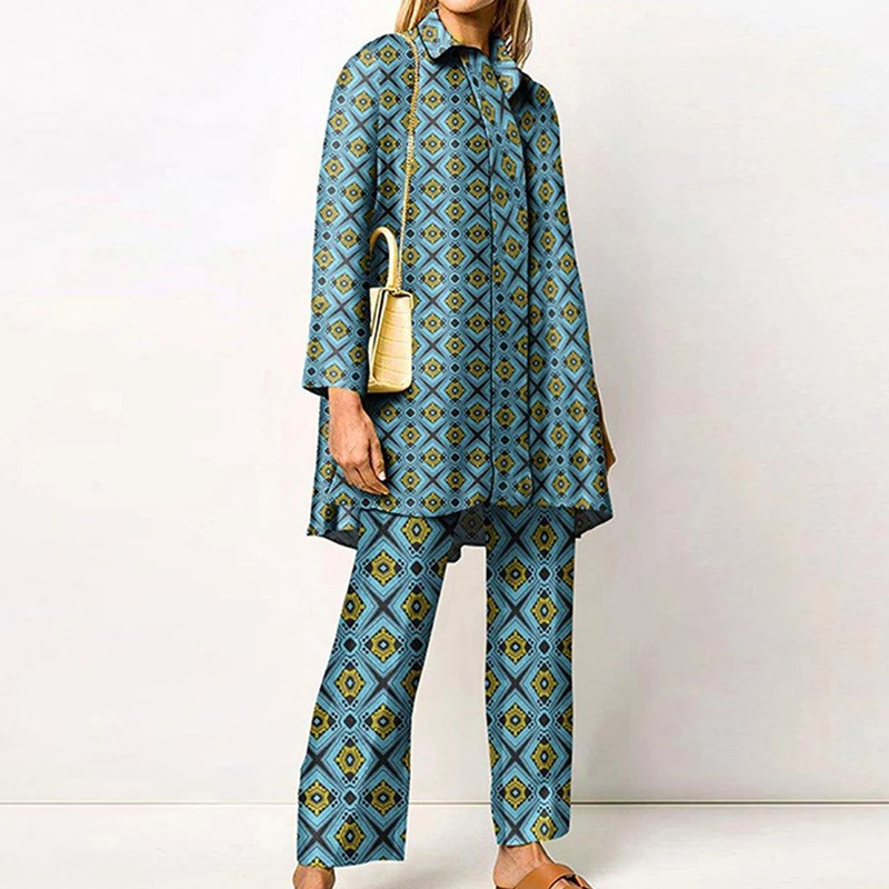 

Fashion Office Commuter Long Pants Outfits Autumn Retro Pattern Printed Women's 2 Piece Set Casual Long Sleeve Button Shirt Suit