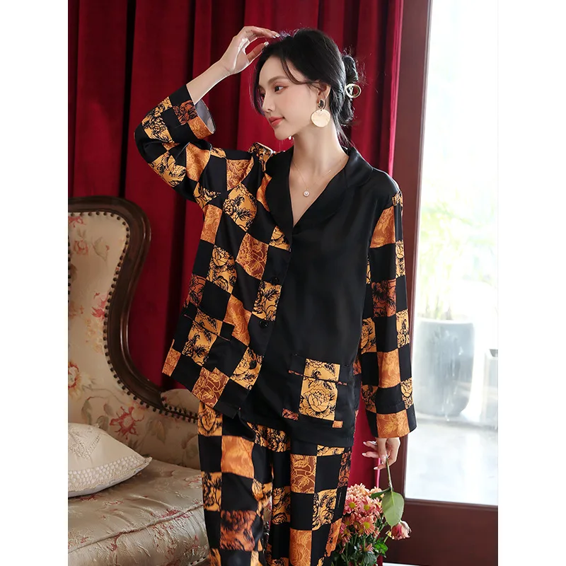 Plaid pajamas women's ice silk long-sleeved trousers two-piece retro pajama set women ชุดนอน