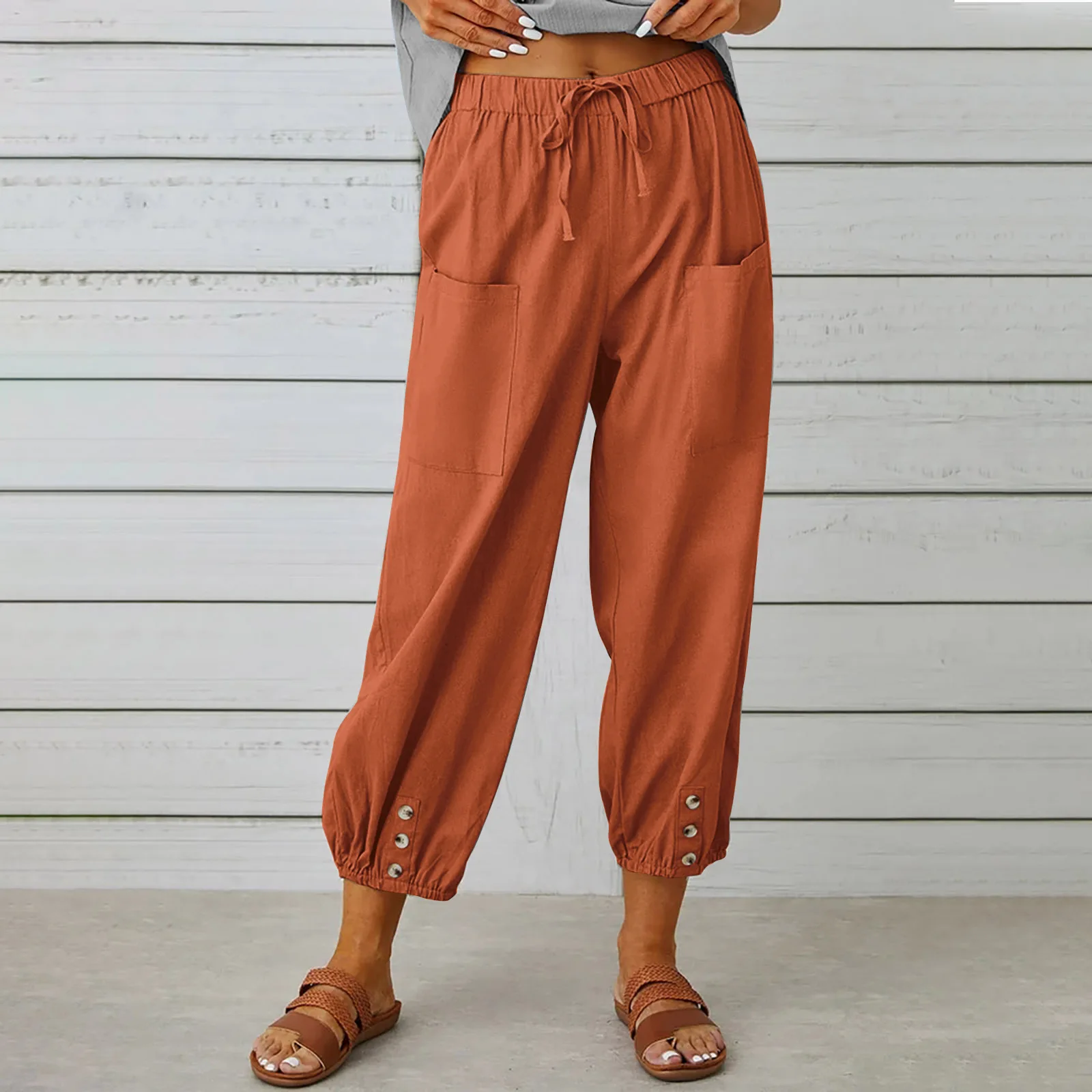 Women Casual Cotton Linen Pants Ladies Elastic Waist Solid Pockets Long Trousers Loose Women's Harem Pants Spring Streetwear