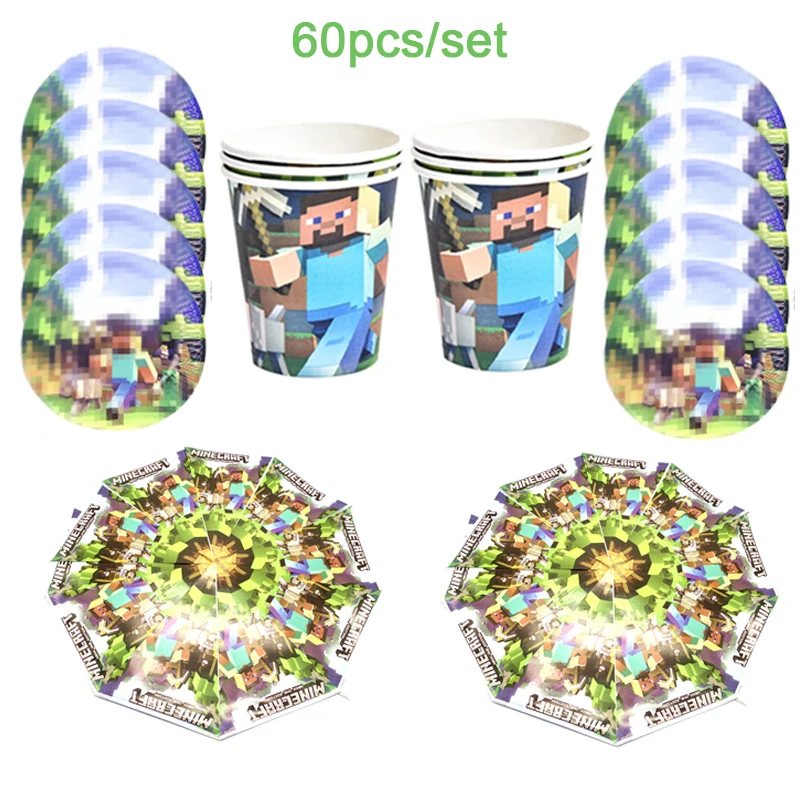 

Boys Favors Game Theme Birthday Gift Bags Decoration Banner For Kids Birthday Party Supplies Mining Pixel Game Paper Plate Cup