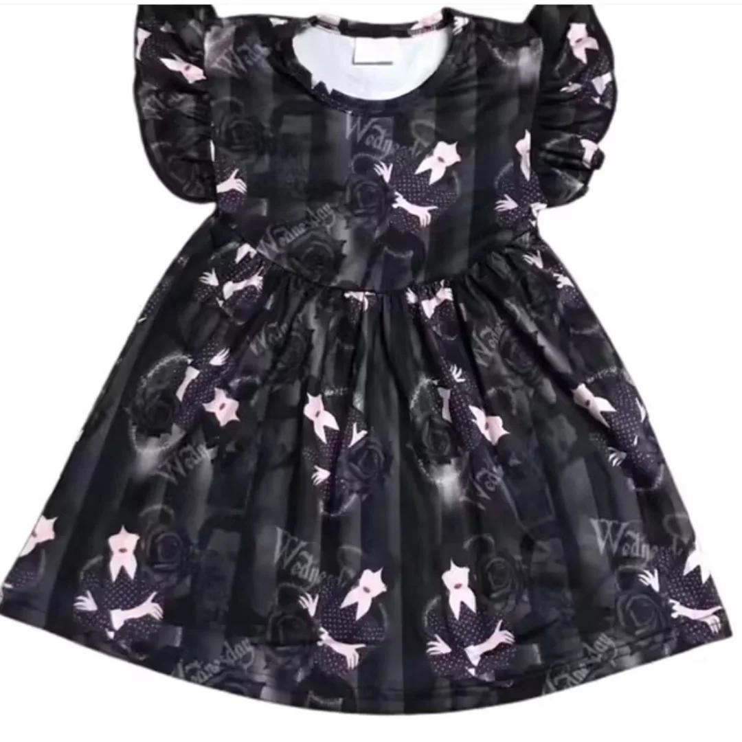 

Latest Best Selling Wednesday Mystery Black Pearl Dress Knee Length Wholesale Boutique Girls Summer Outfit