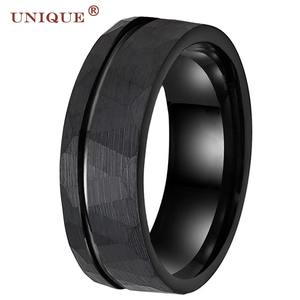 

Unique Jewel 8mm Black Mens Hammered Trendy Tungsten Ring Brushed Womens Wedding Jewlery Band Custom Logo Comfort Fit