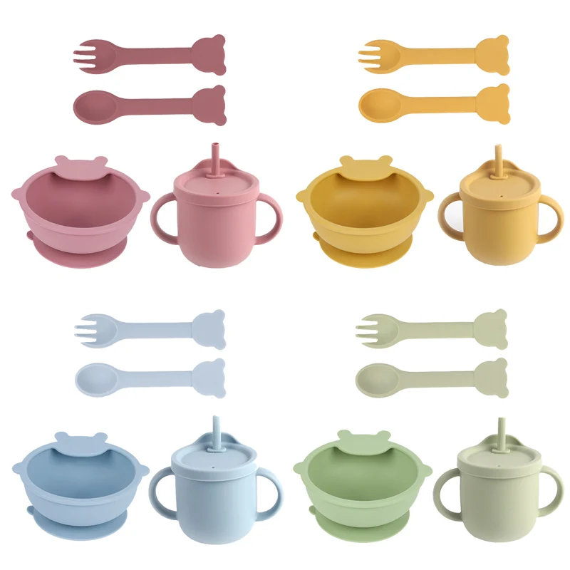 

4/3/1PC Baby Silicone Tableware Set Bear Suction Bowl Baby Feeding Spoon Fork Set Sucker BPA Free Silicone Children Tableware