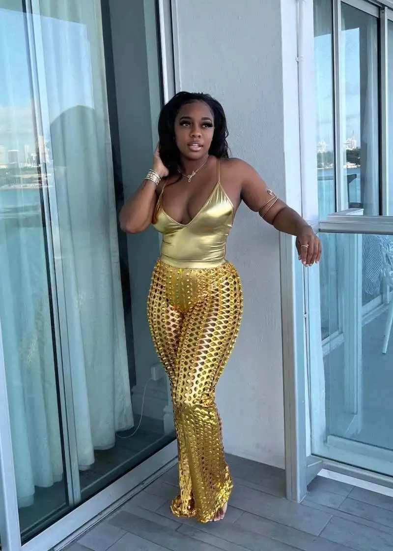 

Gold Metalic Pant Sets Women's 2023 Solid Color Hollow Out Bodycone Sexy Elegant 2-piece Long Pants Sets Dropshipping Wholesale