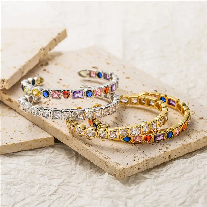 

HECHENG,New Shiny 5A Cubic Zircon Fine Fashion Rainbow Colorful Iced Out Heart Geometric Bracelet for Women
