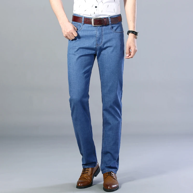 Thoshine Brand Spring Summer Men Thin Jeans Elastic Straight Fit Male Denim Pants Lightweight Stretch Casual Trousers