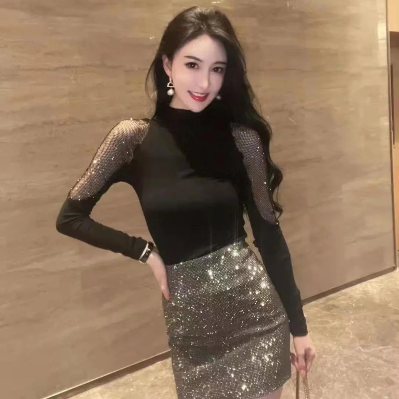 

Woman Mesh Shiny Long Sleeve T Shirt Female Patchwork Spring Club Party Black Shirts Ladies Streetwear Thin Turtleneck Tops G239