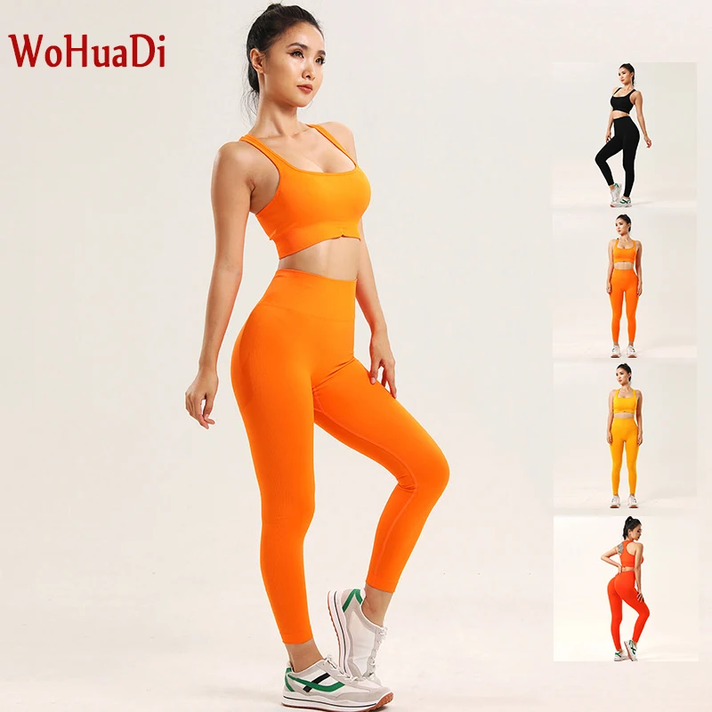 

WOHUADI Women's Sport Suit Gym Tights Yoga Set Fitness High Waist Leggings Sports Bra Seamless Running Workout Sets Two Pieces