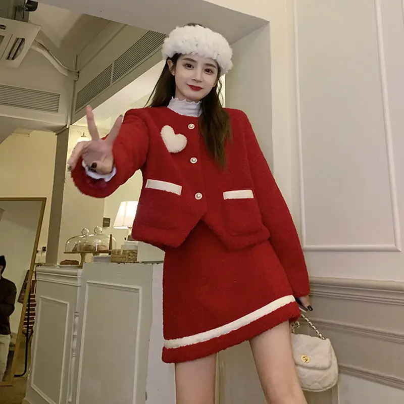 Y2k suit short design sense thickening temperament wool coat female Christmas red velvet-free Korean fashion style