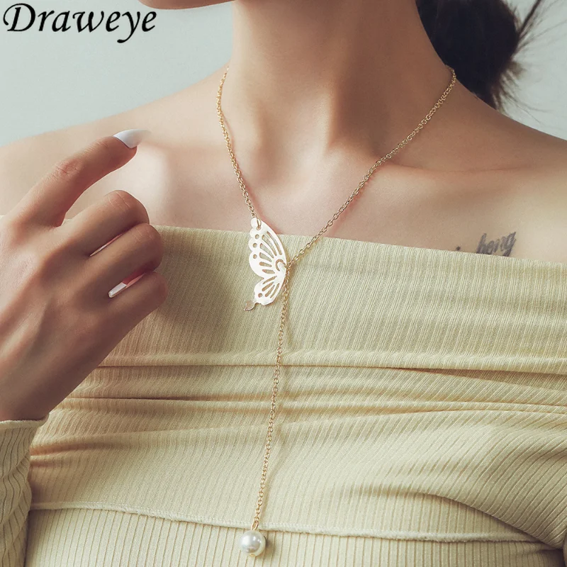 

Draweye Butterfly Necklaces for Women Geometric Simple Pearls Pendant Jewelry Elegant Sweet Metal Collares Para Mujer