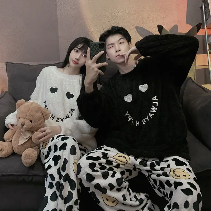 Autumn Winter Pajamas Female Ins New Thickened High-grade Students Plus Velvet Couple Suit Men's Suit Sleep Tops Sleepwear Women