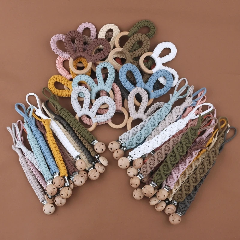 

Crochet Soother Clip & Wooden Teething Rings Baby Bite Free Musical Rattle Cotton Pacifier Chain Accessory Infants Gift