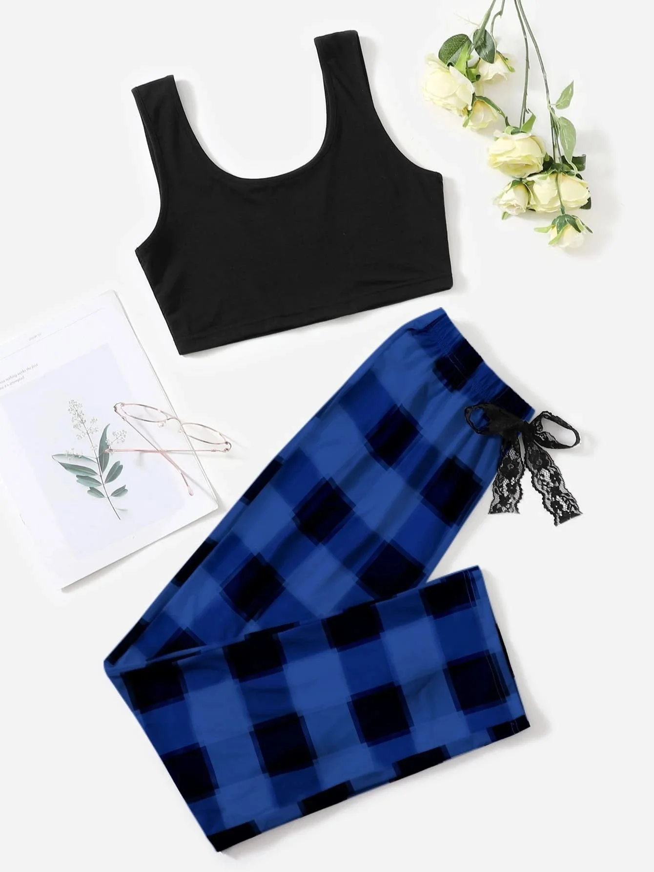 Tank Top & Buffalo Plaid Bow Detail Pants Pajamas Set Fashion Two-piece Nightdress Home Clothing Set