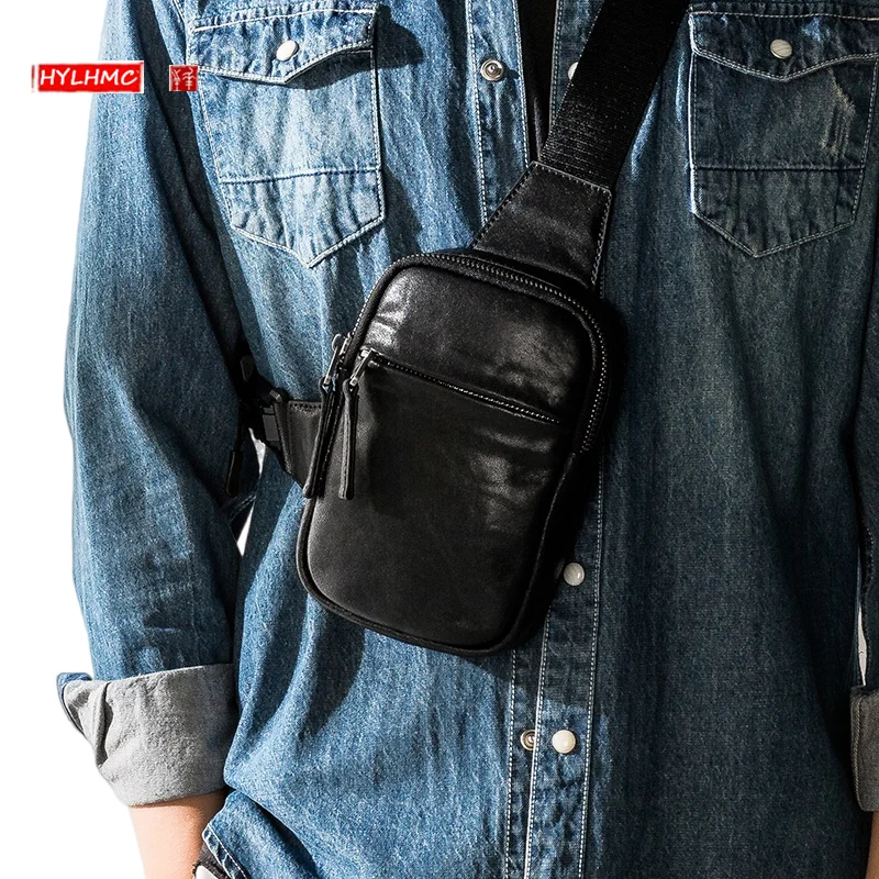 New Genuine Leather Fashion Brand Small Chest Bag Men's Casual Cowhide Simple Messenger Bag Outdoor Sports Mobile Phone Bags