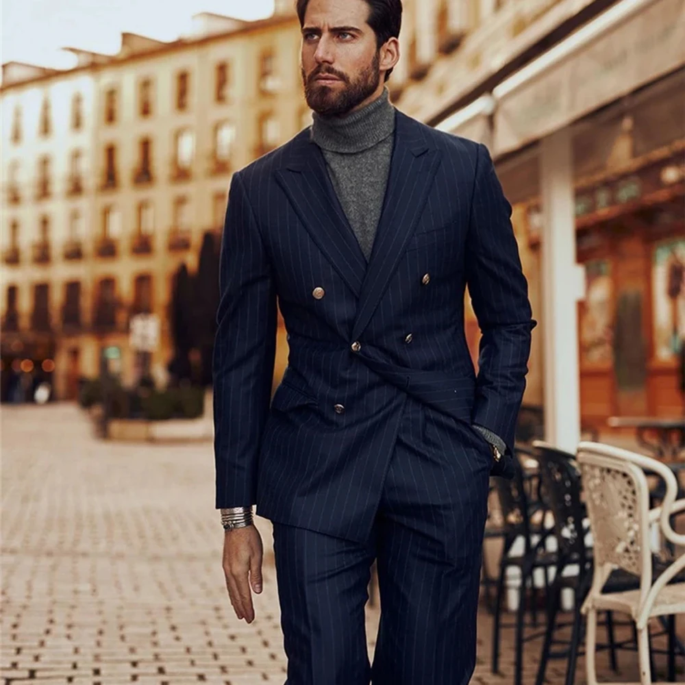 Navy Blue PinStripe Mens Sutis with Double Breasted Slim Fit Formal Business Office Wear 2 Pieces Set Wedding Groomsmen Tuxedo