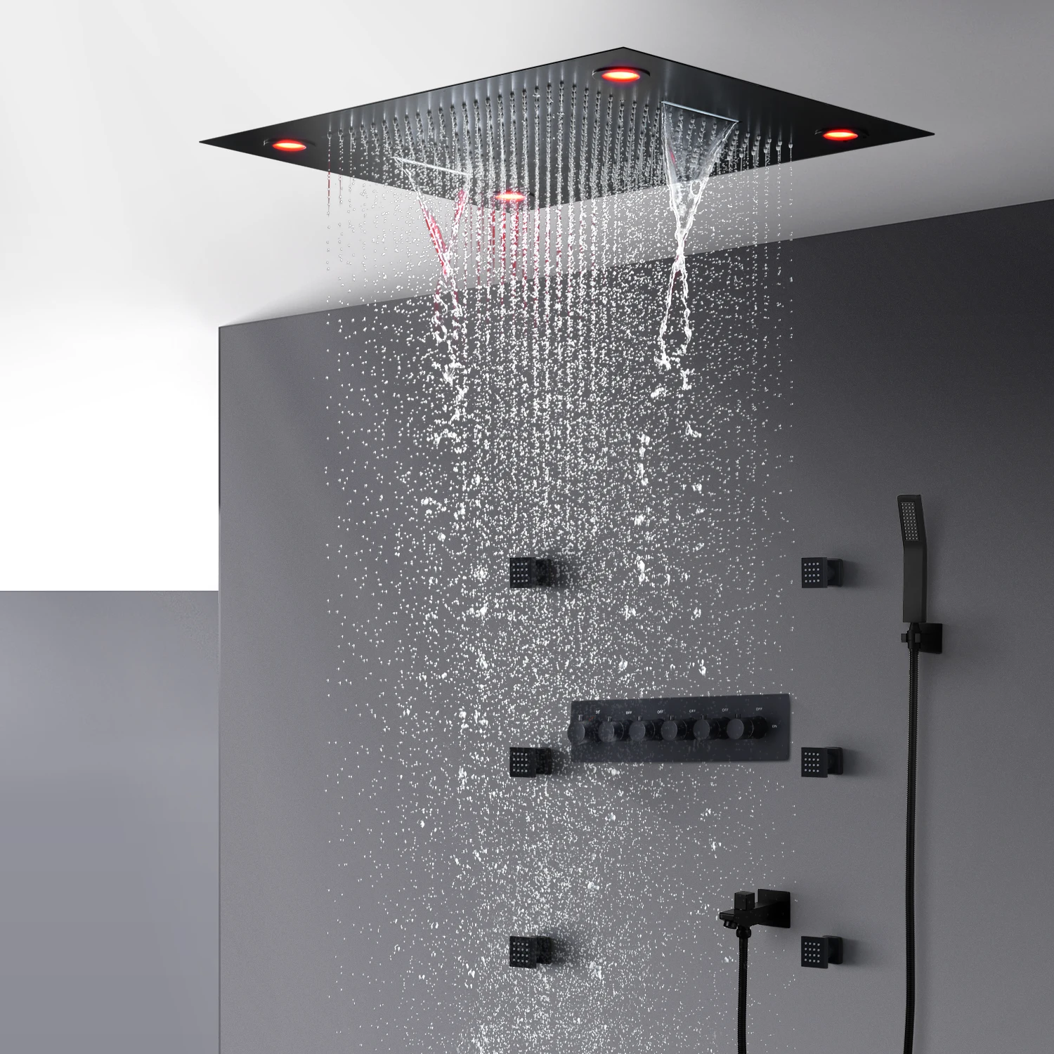 

hm Bathroom Matt Black Shower Set Thermostatic Faucets System Concealed Ceiling Large Rain Waterfall LED ShowerHead Panel