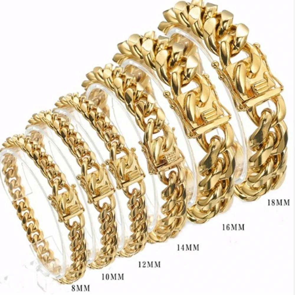 

New Fashion 8/10/12/14/16/18mm Wide Gold Color Men's 316L Stainless Steel Curb Cuban Link Miami Chain Bracelet Jewelry 7-11inch