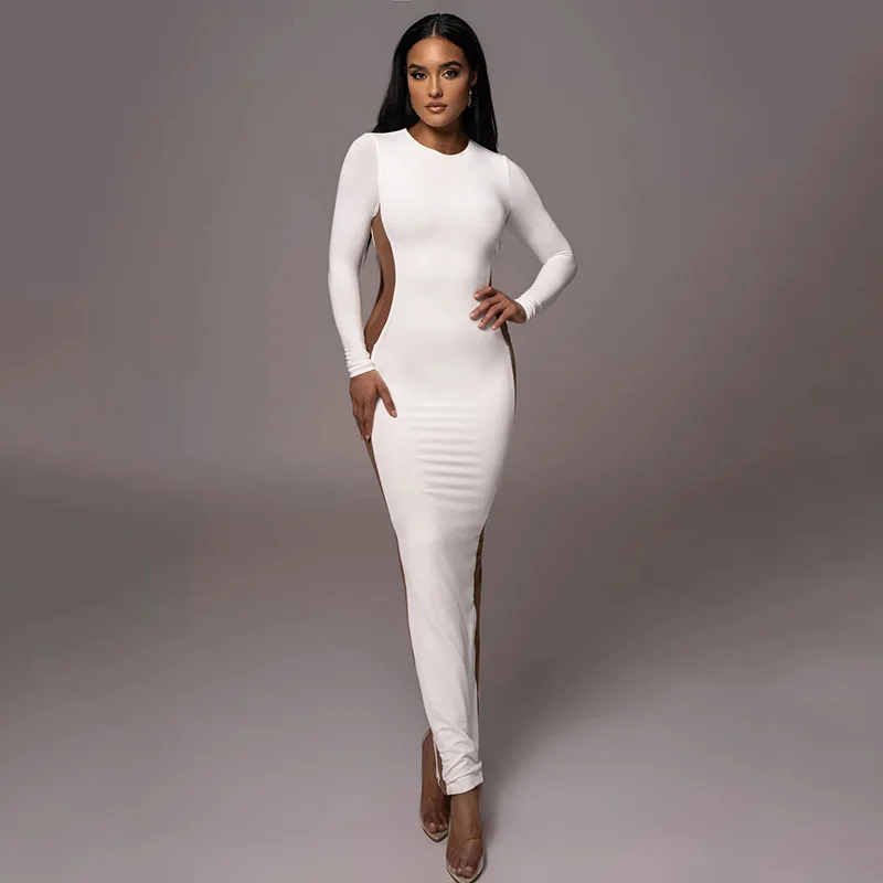 

White Long Sleeve Maxi Dress for Women Elegant Fashion Mesh Patchwork Slim Dresses Autumn Winter Sexy Long Club Party Outfits