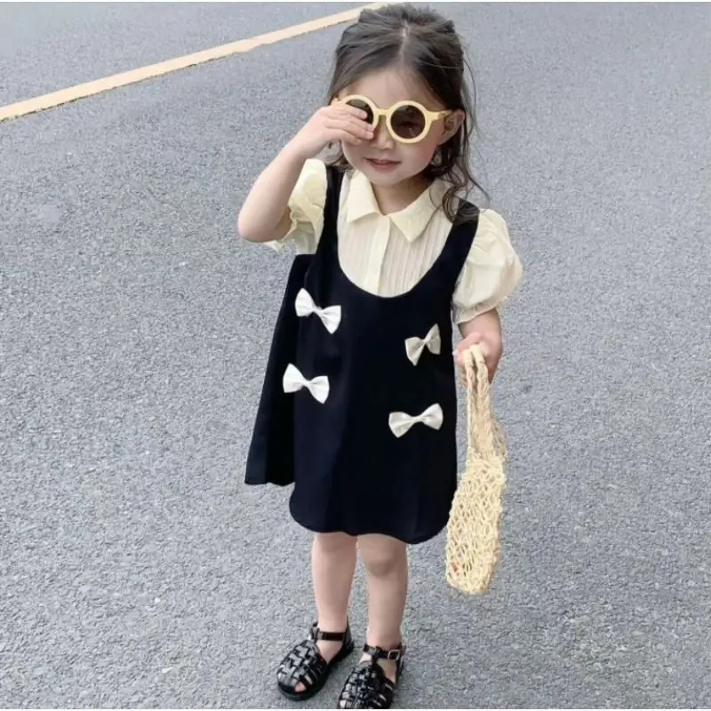 

2023 Summer Korea Style Solid Color Bow Tie 2 Piece Set Bubble Sleeve Fashion New Party Princess Style for Girls