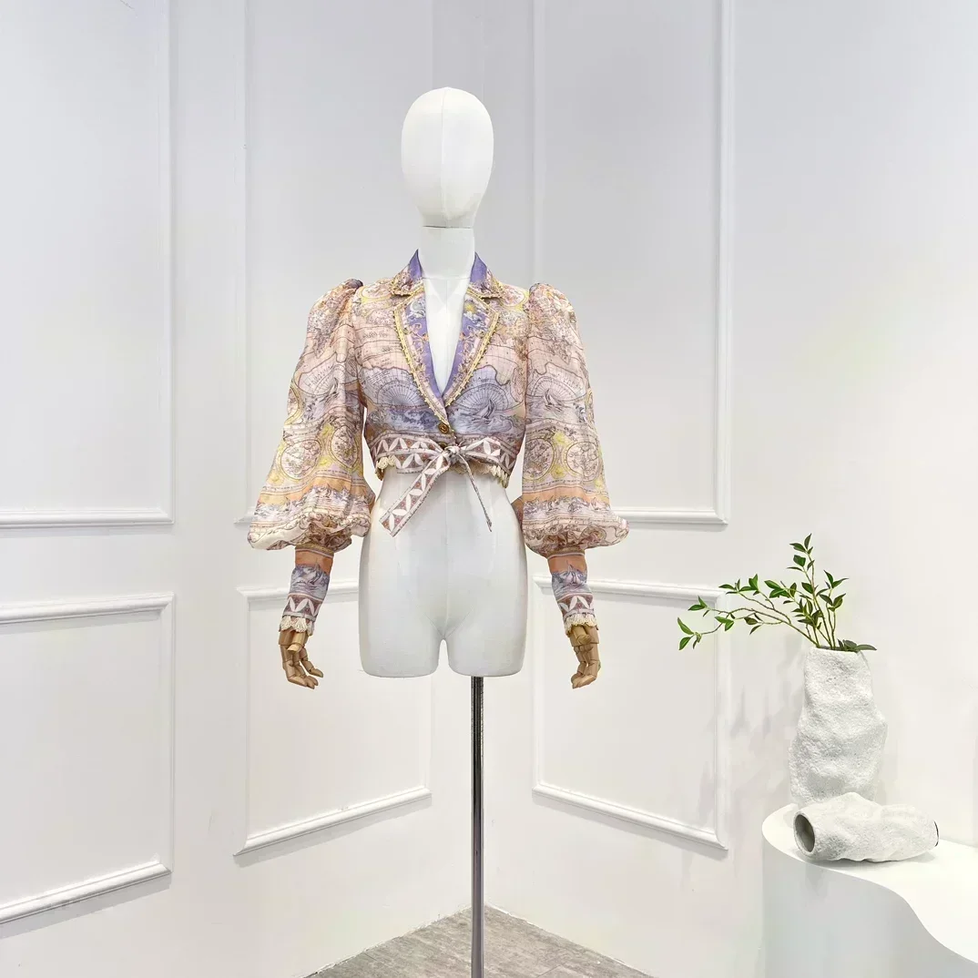 Льняной шелк винтажная блузка и шорты на шнуровке с длинными рукавами-фонариками