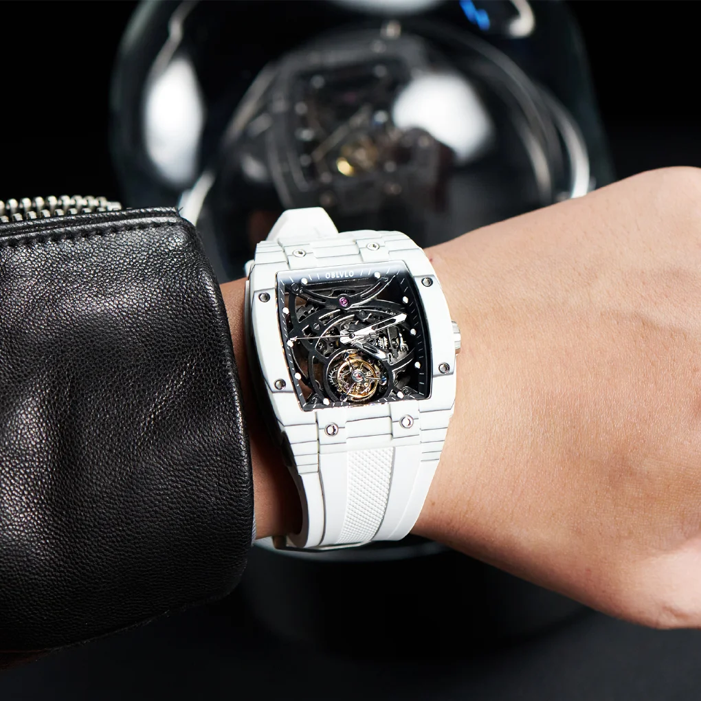 

OBLVLO Original Brand Tourbillon Automatic Watch Sport Skeleton Luminous Wine Barrel Carbon Fiber Case Rubber Strap EM-RT