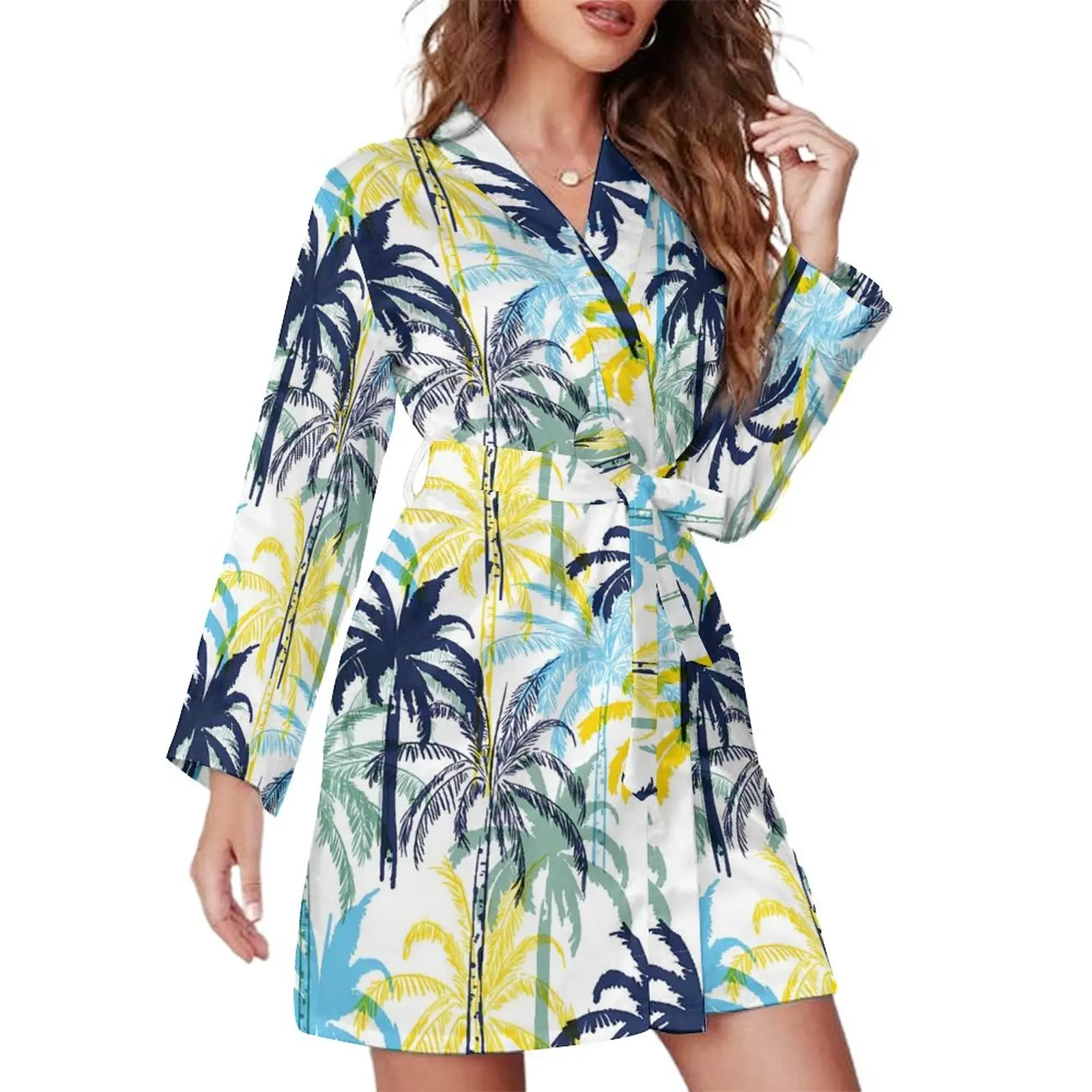 

Пижамный халат с тропическими пальмами, мягкие пижамные халаты с длинным рукавом и растительным принтом, женский халат с V-образным вырезом, повседневное дизайнерское платье