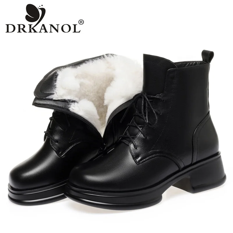 

DRKANOL Fashion Black Genuine Leather Winter Boots For Women Comfort Fluffy Fur Platform Thick Heel Warm Wool Ankle Boots Female