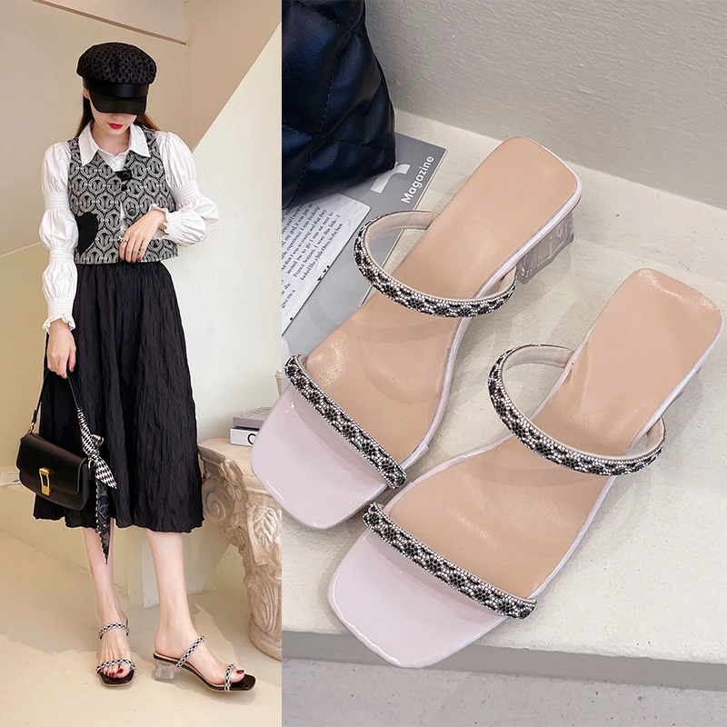 

2022 New Women Summer Rhinestone Ankle Strap Sandals Ladies Thin Flat Shoes Party Female Fashion Sexy Sandal Square Toe Shoe