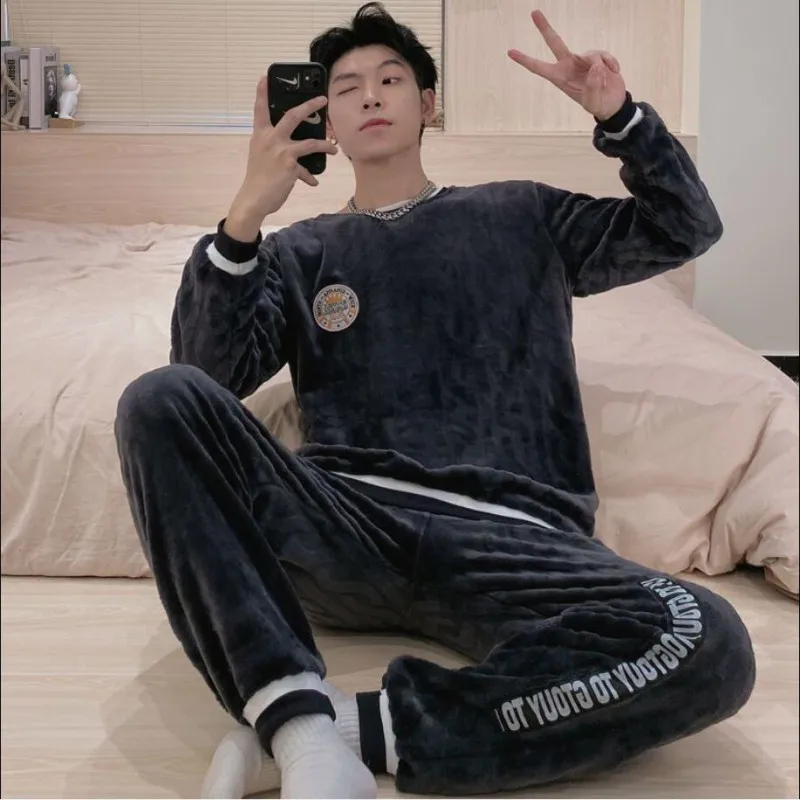 Men's Winter Warm Flannel Pajamas Set 2022 New Fashion Sleepwear Trousers Two-piece French Loose Nightwear Night Clothes Suit