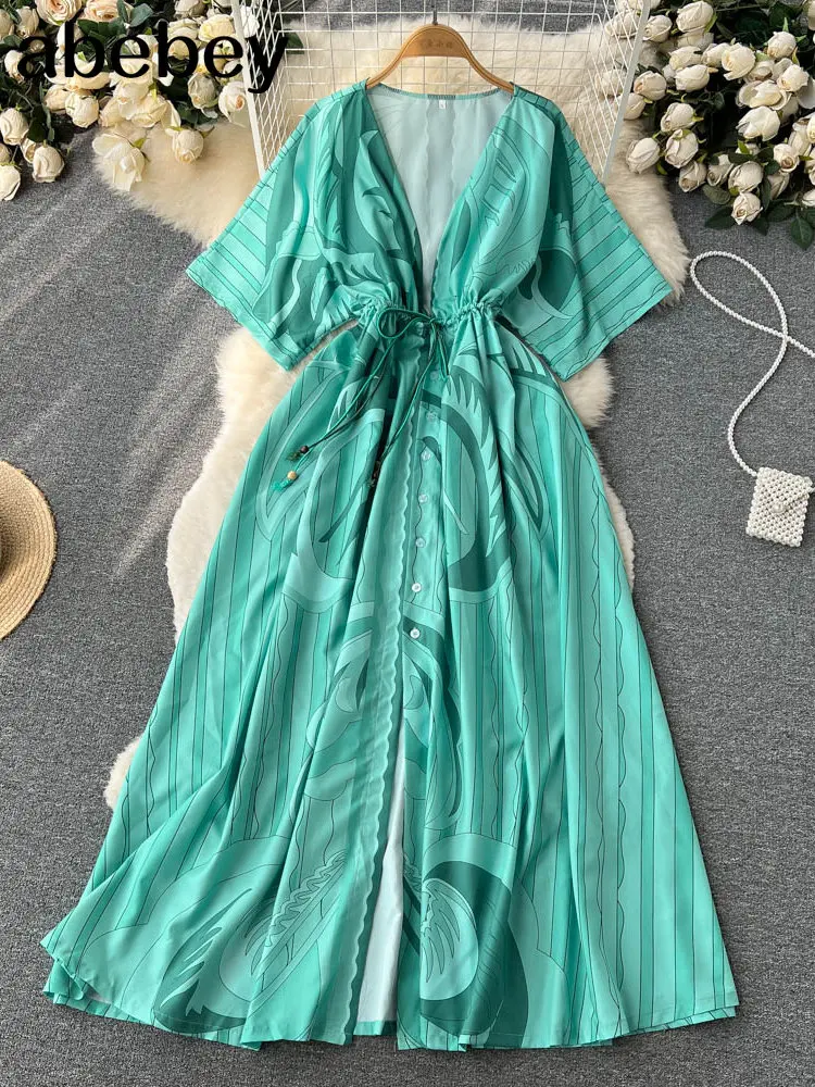 

Летние повседневные женские платья с принтом, праздничное пляжное платье большого размера, длинное платье-накидка в стиле бохо, женское свободное платье-туника с длинным рукавом