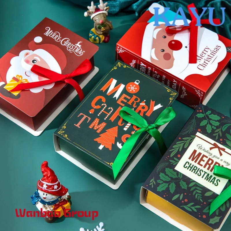 In stock Christmas Cookies Folding Paper Boxes Gift Chocolate Cake Candy Book Shape Packaging With Ribbon