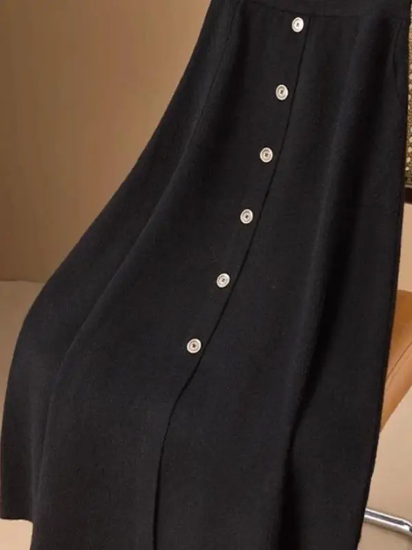 Plus Size Plus size Autumn and Winter Socialite New Black Skirt Mid-Length Knitted High Waist Pleated Pocket Slimming S...