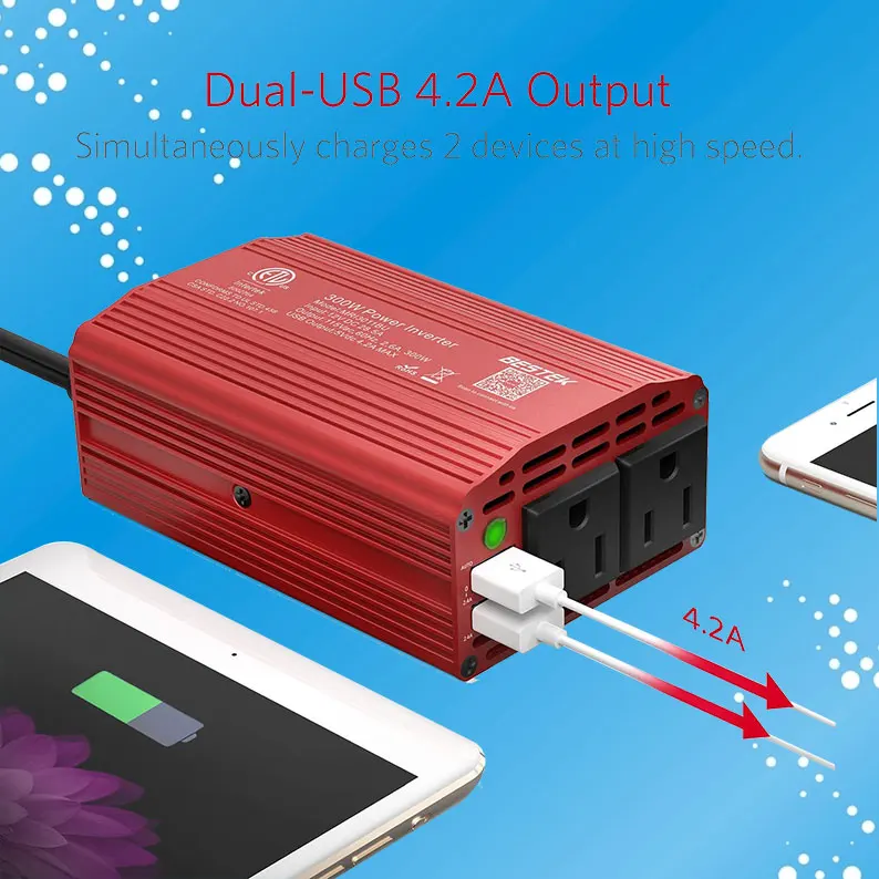 

Автомобильный инвертор с двумя USB-портами, 300 Вт, 12 В постоянного тока в 110 В переменного тока