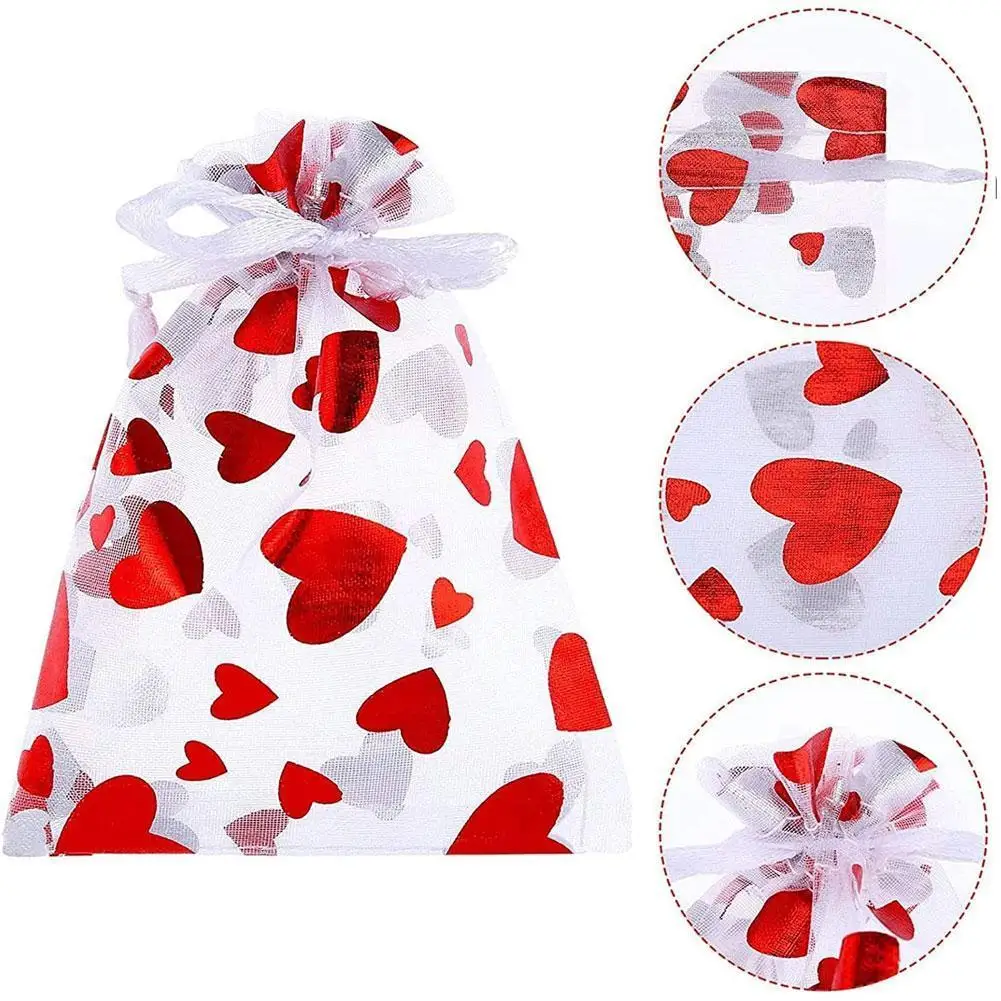 

50pcs Love Heart Gift Bags Valentines Day Candy Bag Goodies Packaging Organza Wedding Birthday Party Favors Decoration