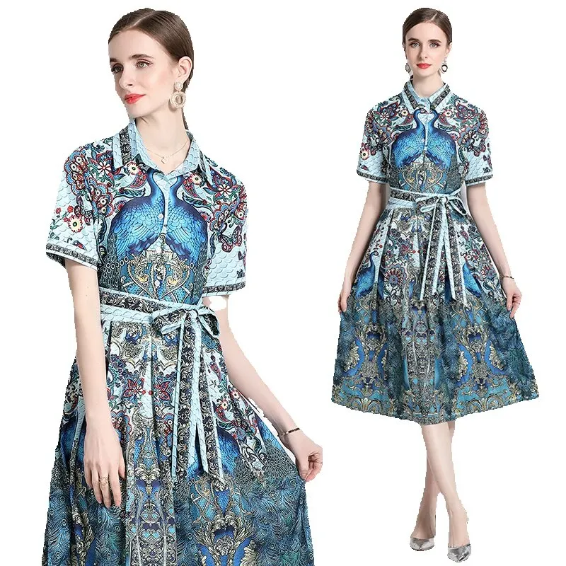 

Summer Print Short Sleeve Midi Shirt Dress 2023 Women Designer Vacation Lapel Lace Up Bow Party Slim A-Line Blue Ballgown Frocks