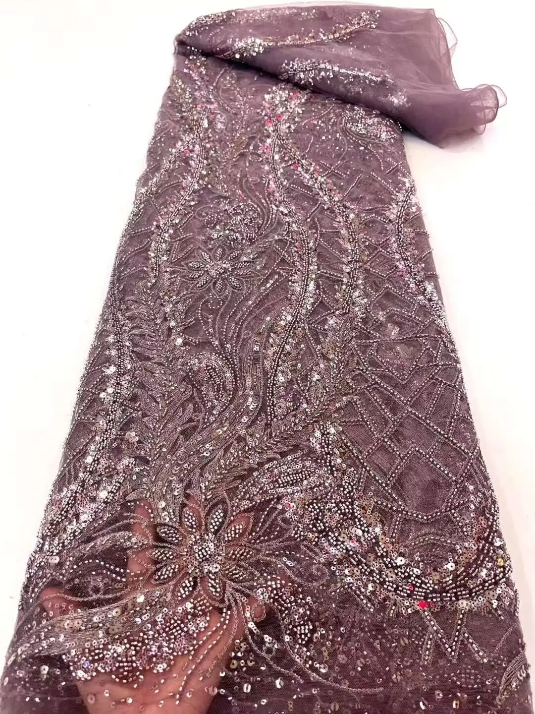 

African High Quality Lace Fabric ZH-12215810 French Net Sequins and beads Fabric Sewing Embroidered Lace in Tulle Nigeria Fabric
