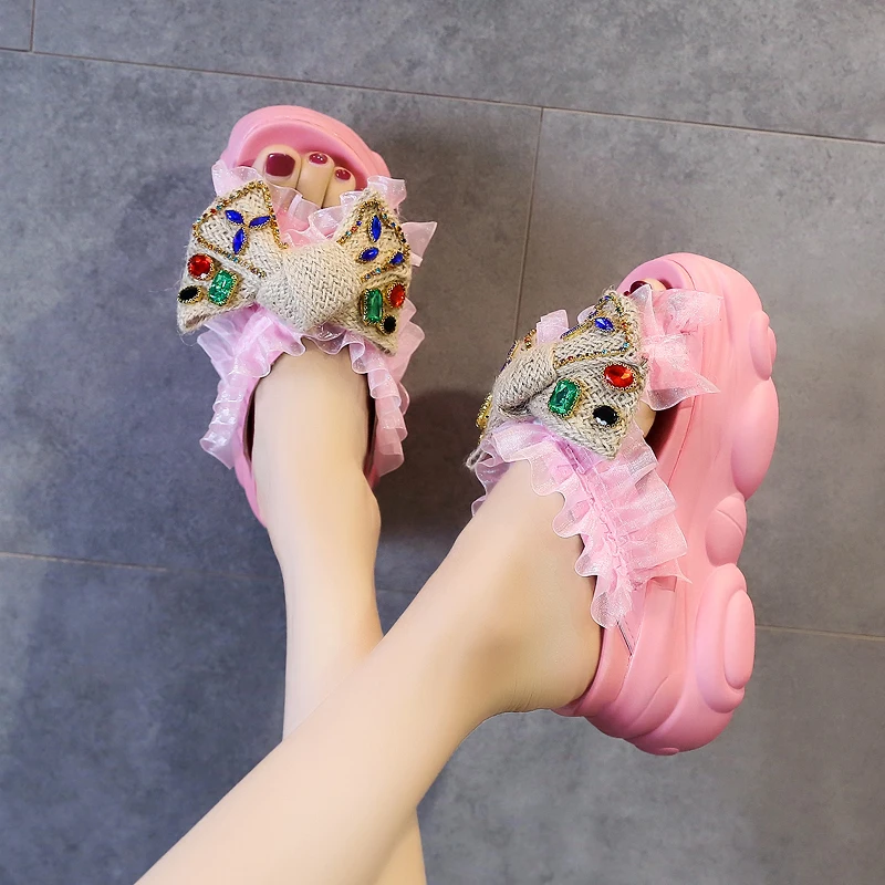 

House Slippers Platform Butterfly-Knot Shoes Woman 2023 Glitter Slides Increased Internal Fashion Heeled Mules Pantofle Jelly Lu