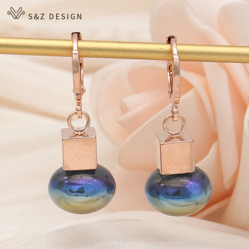 

S&Z DESIGN New Fashion Smooth Cube Metal Rose Gold Color Drop Earrings For Women Wedding Jewelry Round Simulated-pearl Eardrop