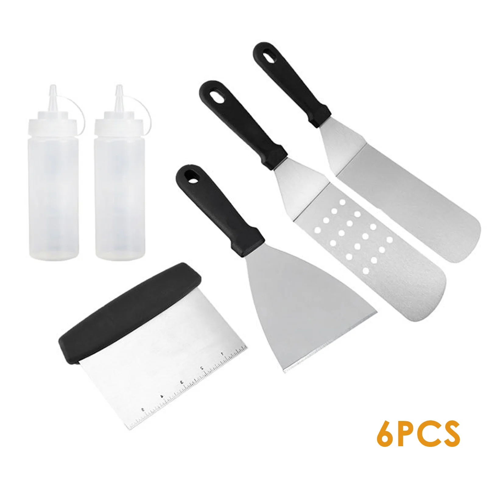 

6 Pcs Grill Griddle Turner Stainless Steel BBQ Spatula Scraper Tool Sets with Condiment Bottles