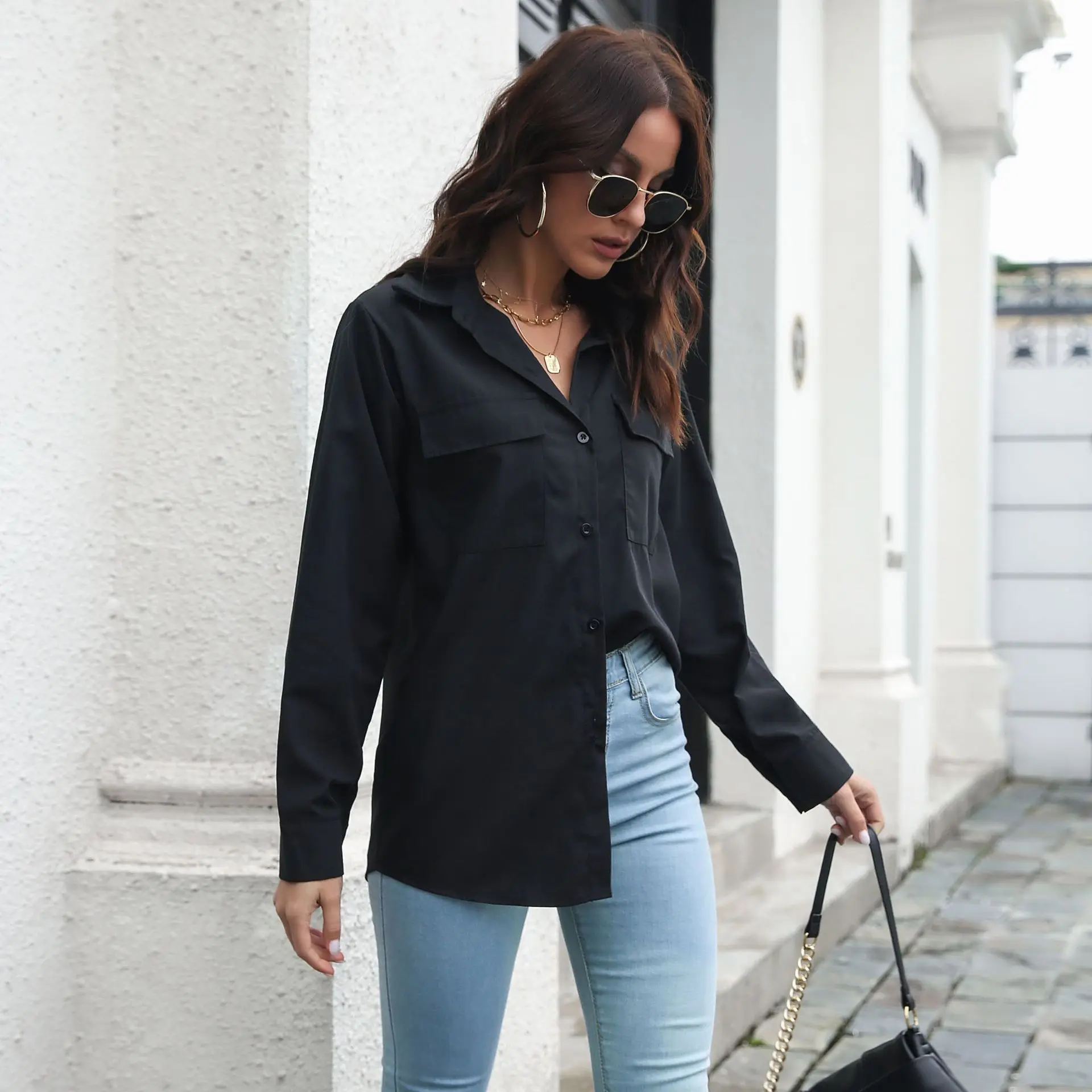 

Blouse Women Cotton Double Pocket Long Sleeve Shirt Loose Shirt Top Women