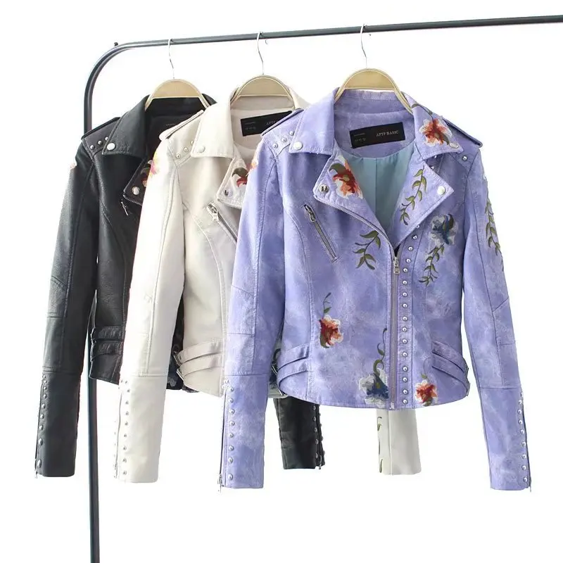 Spring and Autumn New Flower Embroidery Rivet Zipper PU Leather Clothes Slim Slim Short Jacket