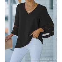 women t shirt top summer sexy loose solid pullover t shirt women flared sleeves v neck lace mesh patchwork see through t shirt