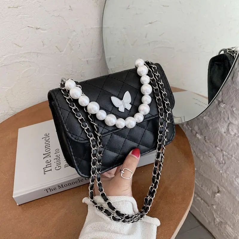 New Flap Crossbody Bags Small Square Women Shoulder Bag Plaid PU Leather Designer Handbags Pearl Chain Lady Women's Bag