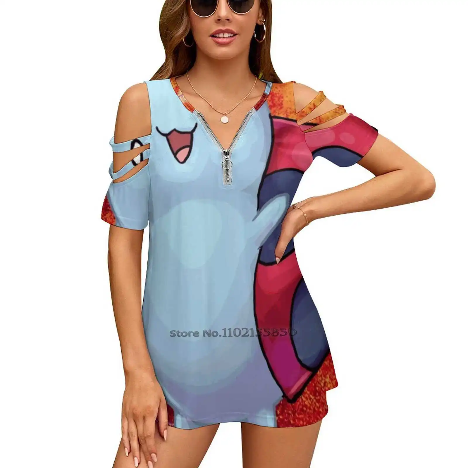 

Catbug Parade Women'S Clothing V-Neck Tops Zipper Tee Ladies Casual Sexy T-Shirt Cat Bug Catbug Bravest Warrirors Cartoon