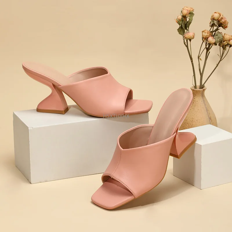 

2022 Women Mules Pink Slides Female Thick Block Heels Pumps Sandals Sexy Summer 8cm High Heels Luxury Peep Toe Black Shoes