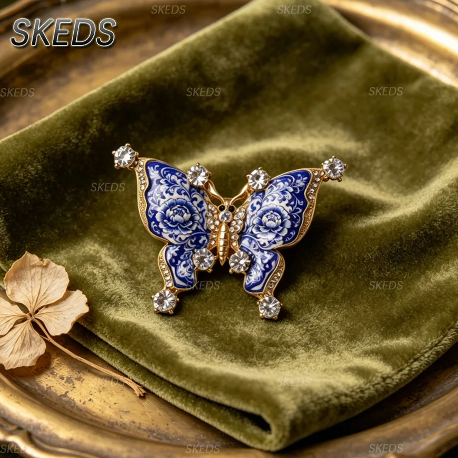 Фото SKEDS Китайские сине-белые фарфоровые броши с животными, разнообразные стили: Дракон, Бабочка, Колибри, Краб, Лягушка, Кит, Жук, Эмалевые значки на лацкан №3