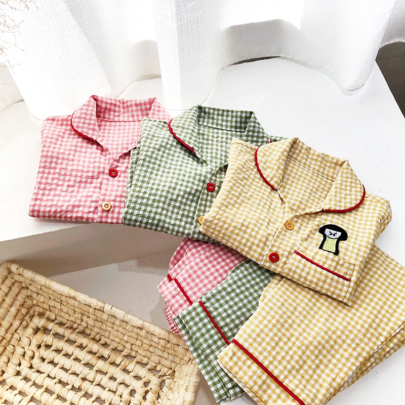 Girls Home Clothes Set Spring Autumn Boys Embroidered Top With Plaid Trousers 2 Piece 3-7Y Unsex Comfortable Pajama Clothes