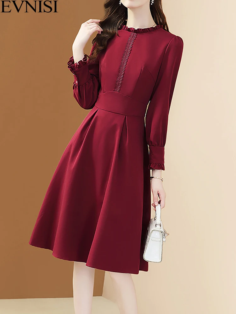 

EVNISI Women Autumn Elegant Long Sleeve Dress Ruffled Lantern Sleeve Pleated Wine Dresses Party Holiday Vestidos
